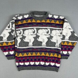 VTG Dancing Elephants Hearts Sweater Fits M/L 1990s Knit Acrylic Fairy Kei Kawai